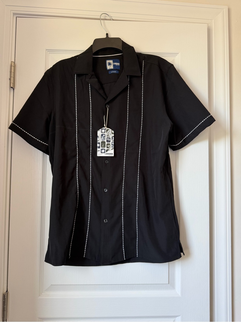 New Men’s Cubavera Black Short-Sleeve Button Down with White Contrast Stitching